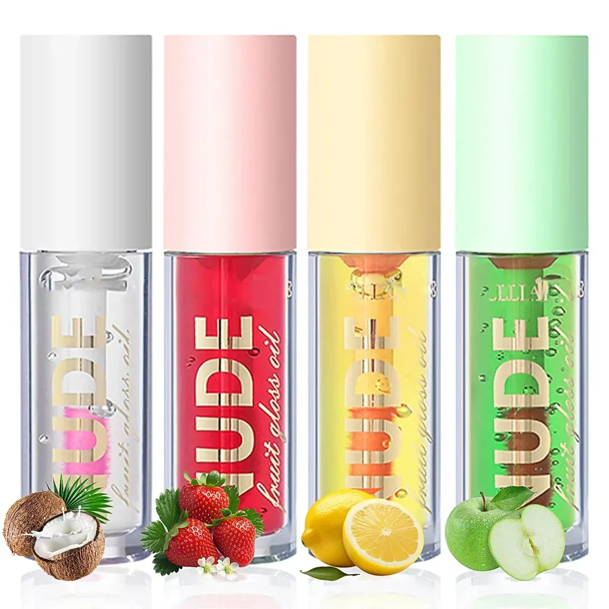4Pcs Fruit Color Changing Lip Gloss Lipstick Set, Coconut Strawberry Orange Apple