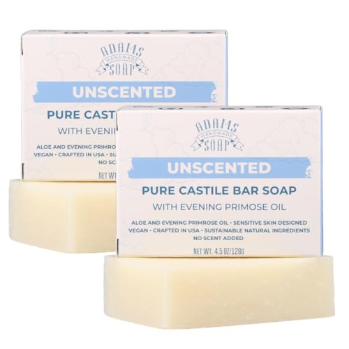 Unscented Pure Castile Bar Soap – 4.5 oz | With Evening Primrose Oil | Vegan, Cold Process, 84% Organic, Fair Trade, No Fragrance, Sensitive Skin Safe, USA Made