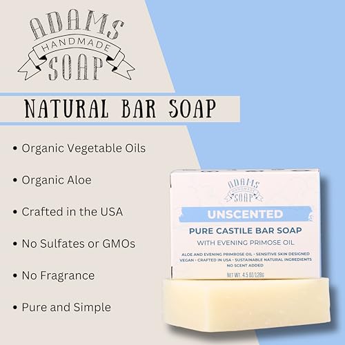 Unscented Pure Castile Bar Soap – 4.5 oz | With Evening Primrose Oil | Vegan, Cold Process, 84% Organic, Fair Trade, No Fragrance, Sensitive Skin Safe, USA Made