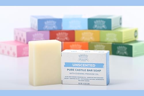 Unscented Pure Castile Bar Soap – 4.5 oz | With Evening Primrose Oil | Vegan, Cold Process, 84% Organic, Fair Trade, No Fragrance, Sensitive Skin Safe, USA Made