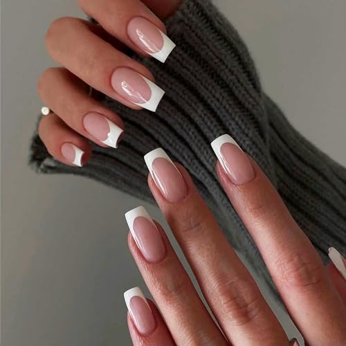 24Pcs White French Tips Press on Nails with Simple Design