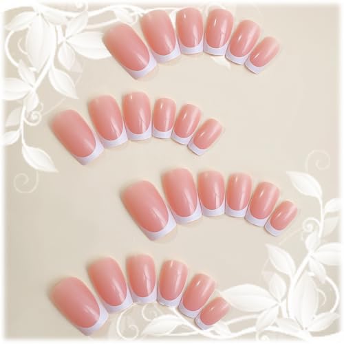 24Pcs White French Tips Press on Nails with Simple Design