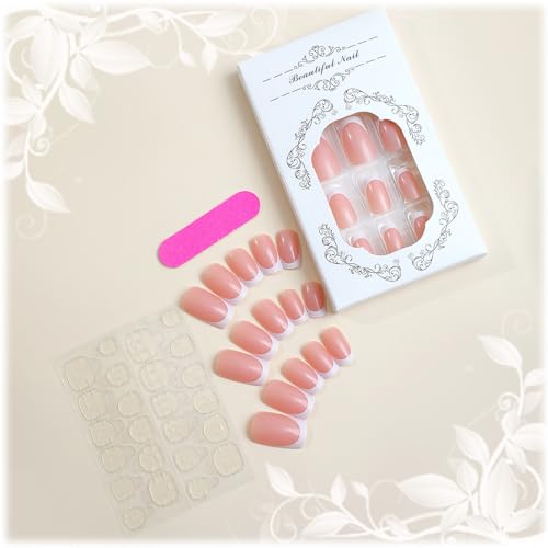 24Pcs White French Tips Press on Nails with Simple Design