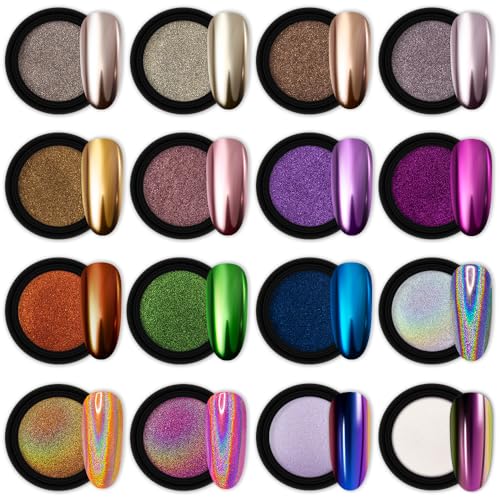 16 Jars Chrome Nail Powder Gold Mirror Effect