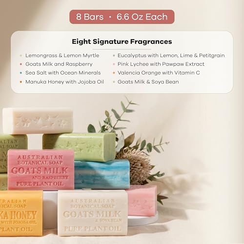Variety Pack, 6.6 oz Bars – Goat Milk, Eucalyptus, Manuka Honey, Sea Salt, Pink Lychee, Lemongrass, Raspberry, Valencia Orange – Enriched with Organic She