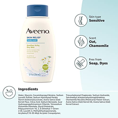 Skin Relief Body Wash with Scent Soothing Gentle SoapFree, Body Cleanser for Dry Itchy Sensitive Skin DyeFree AllergyTested fl., Oat & Chamomile, 12 Fl Oz
