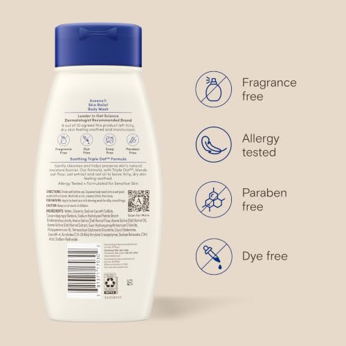 Skin Relief Body Wash with Triple Oat Complex, Fragrance-Free, Gentle Daily Body Wash for Sensitive Skin Leaves Itchy, Dry Skin Feeling Soothed & Moisturized 18 Fl Oz
