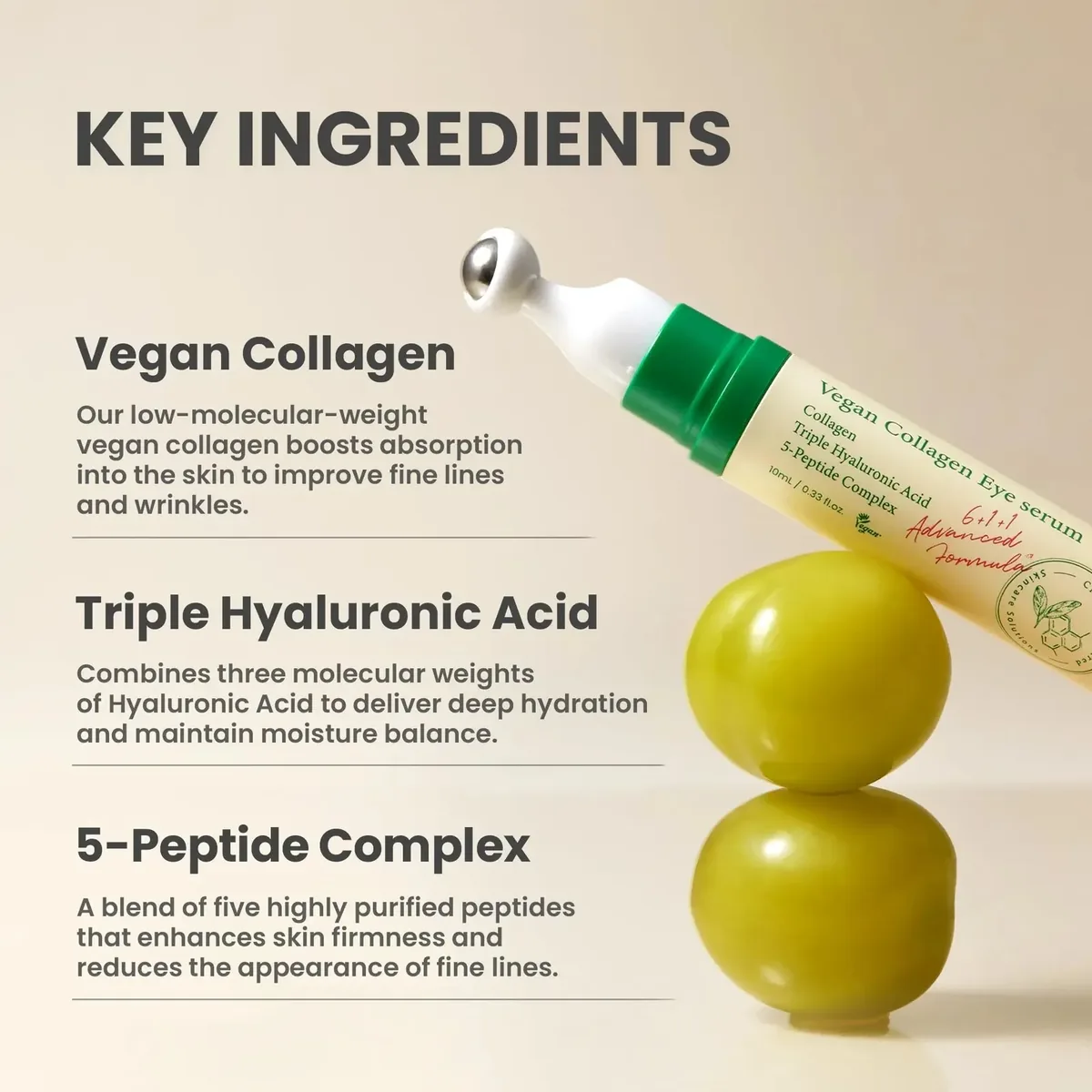 Vegan Eye Serum with Hyaluronic Acid, Peptide, Collagen