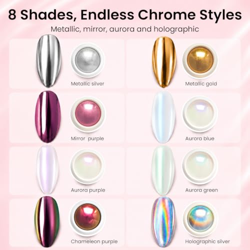 Beetles Chrome Nail Powder Set 8 Colors Mirror Effect Metallic