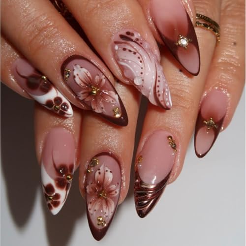 French Tips Press on Nails Medium Almond Nails Press on with 5D Flower C