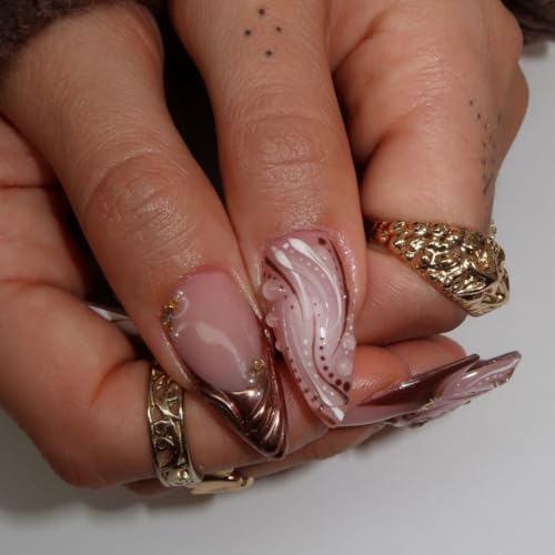 French Tips Press on Nails Medium Almond Nails Press on with 5D Flower C