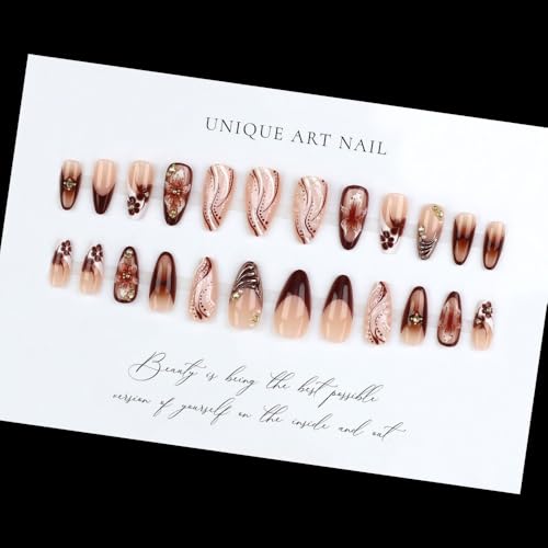 French Tips Press on Nails Medium Almond Nails Press on with 5D Flower C