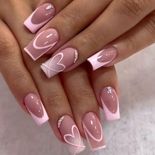 Medium Press on Nails Square Glue on Nail Light Pink French Fake