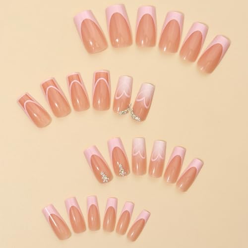Medium Press on Nails Square Glue on Nail Light Pink French Fake