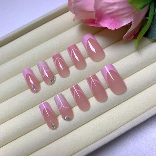 Medium Press on Nails Square Glue on Nail Light Pink French Fake