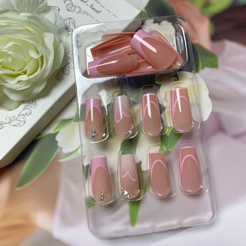 Medium Press on Nails Square Glue on Nail Light Pink French Fake