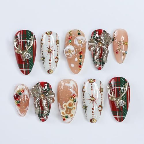 24Pcs Christmas Fake Nails Luxury Handmade Press on Nails with 3D Bow