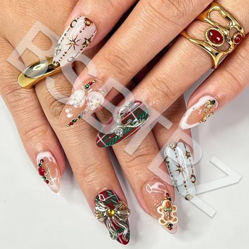 24Pcs Christmas Fake Nails Luxury Handmade Press on Nails with 3D Bow