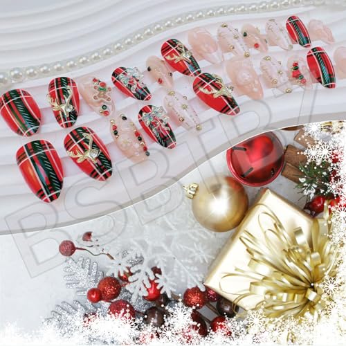 24Pcs Christmas Fake Nails Luxury Handmade Press on Nails with 3D Bow