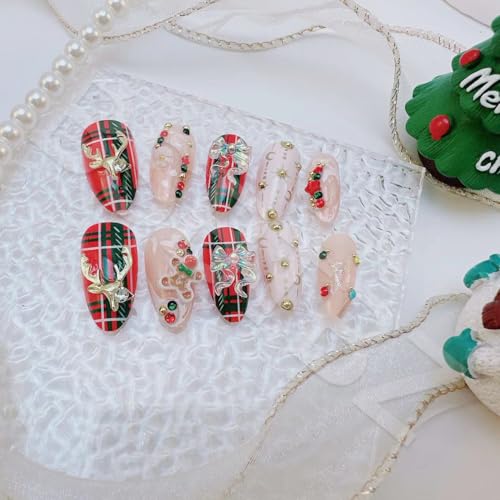 24Pcs Christmas Fake Nails Luxury Handmade Press on Nails with 3D Bow