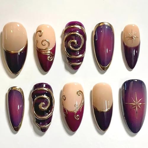 24Pcs French Tip Press on Nails Medium Almond with Irregular 3D Gold