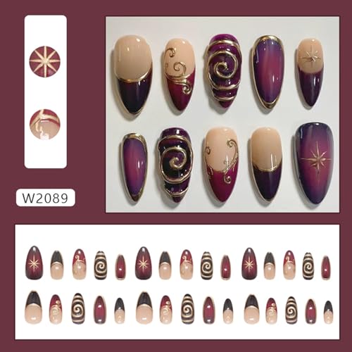24Pcs French Tip Press on Nails Medium Almond with Irregular 3D Gold