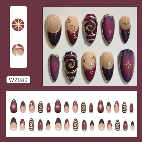 24Pcs French Tip Press on Nails Medium Almond with Irregular 3D Gold