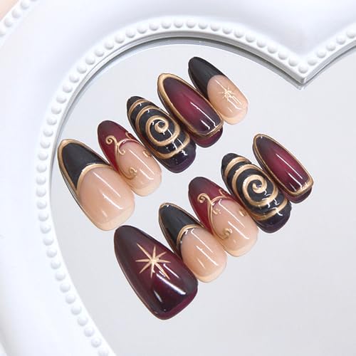 24Pcs French Tip Press on Nails Medium Almond with Irregular 3D Gold