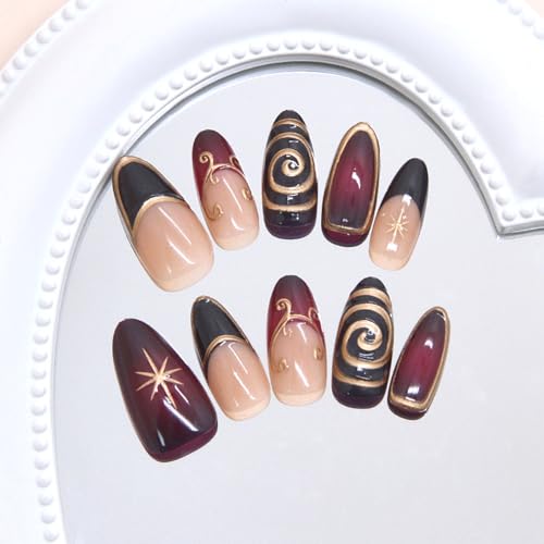 24Pcs French Tip Press on Nails Medium Almond with Irregular 3D Gold