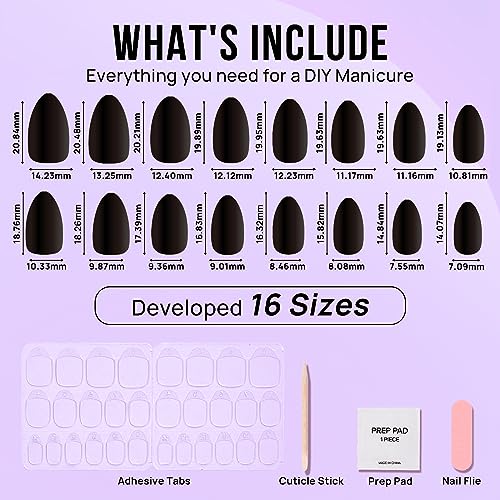 Press On Nails, Black Velvet, Short Almond, Black