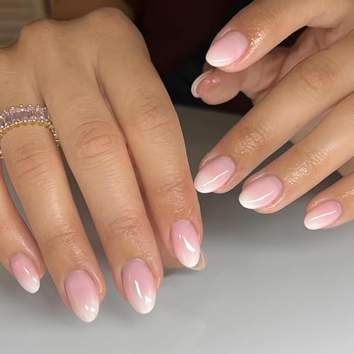 Almond Press On Nails Short Fake Nails Pink White Gradient False Nails