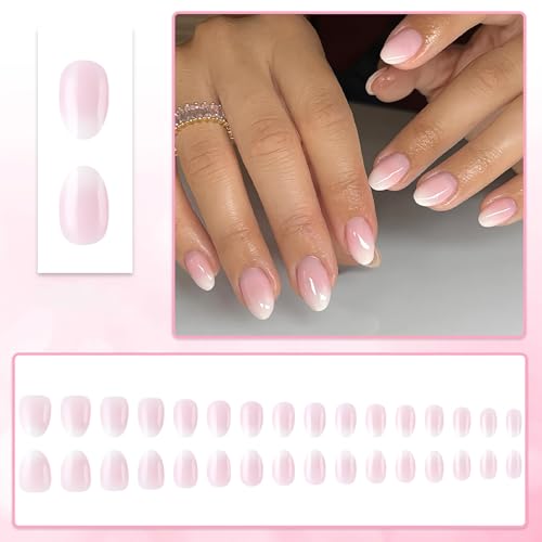 Almond Press On Nails Short Fake Nails Pink White Gradient False Nails