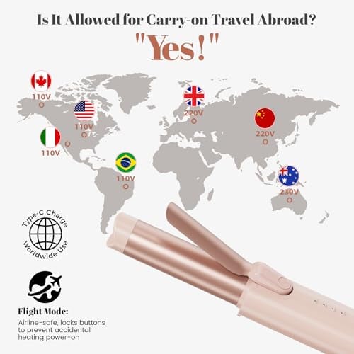 Cordless Curling Iron Brush Portable Travel with Safety Lock