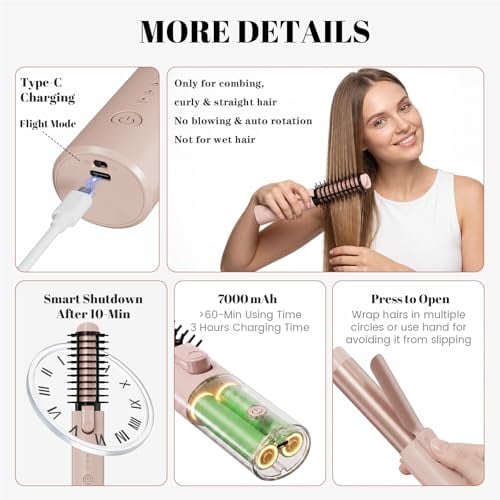 Cordless Curling Iron Brush Portable Travel with Safety Lock