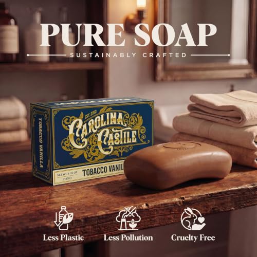 Body Wash Castile Soap Bar for Sensitive Skin – Long Lasting Natural Bar Soap for Men w/Olive Oil and Cocoa Butter - Vegan Tobacco Vanilla Scented by Carolina