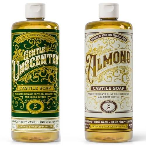 Unscented and Almond Castile Soap Liquid Bundle - 32 oz Vegan & Pure Organic Concentrated Non Drying All Natural Formula Body Wash & Shampoo