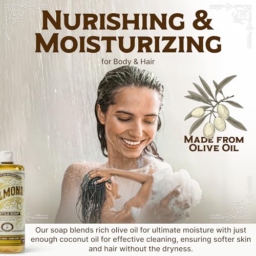 Unscented and Almond Castile Soap Liquid Bundle - 32 oz Vegan & Pure Organic Concentrated Non Drying All Natural Formula Body Wash & Shampoo