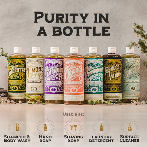Unscented and Almond Castile Soap Liquid Bundle - 32 oz Vegan & Pure Organic Concentrated Non Drying All Natural Formula Body Wash & Shampoo