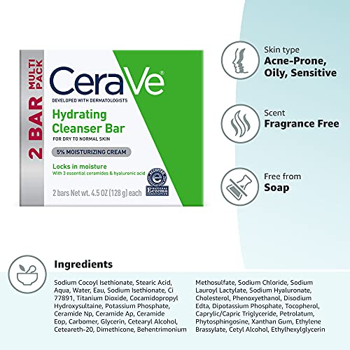 Hydrating Cleanser Bar, Soap-Free Face & Body Cleanser, 2-Pack
