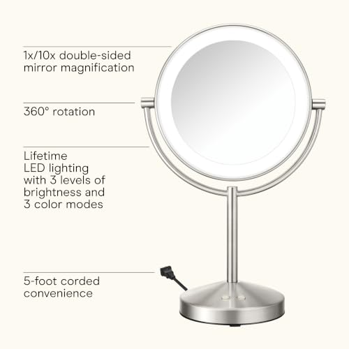 LED Vanity Mirror Double-Sided 10x Magnification Satin Nickel
