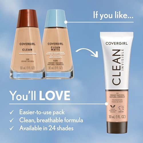 Clean Invisible Foundation Makeup, Dewy & Glowy Natural Finish, Buildable Coverage, Skin-Like Smooth Look, Vegan, Classic Ivory, 1oz