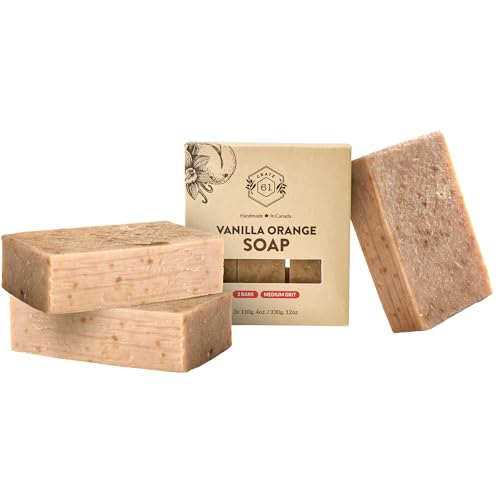 , Handmade in Canada, Plant Based Cold Process Natural Bar Soap For Face And Body, With Premium Essential Oils, For Men And Women 3 Pack (Vanilla Orange)