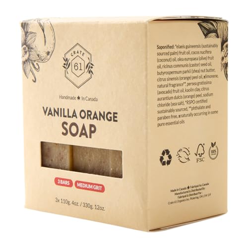, Handmade in Canada, Plant Based Cold Process Natural Bar Soap For Face And Body, With Premium Essential Oils, For Men And Women 3 Pack (Vanilla Orange)