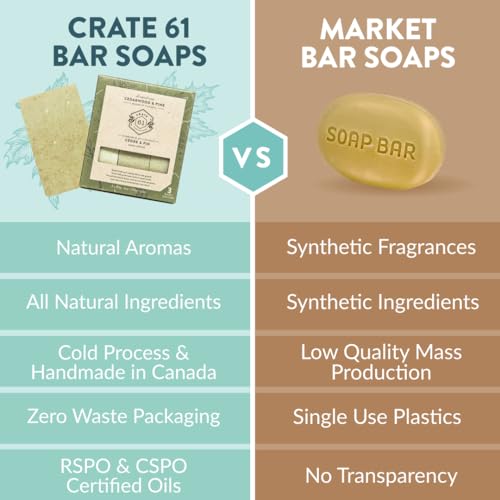 , Handmade in Canada, Plant Based Cold Process Natural Bar Soap For Face And Body, With Premium Essential Oils, For Men And Women 3 Pack (Cedarwood Pine)