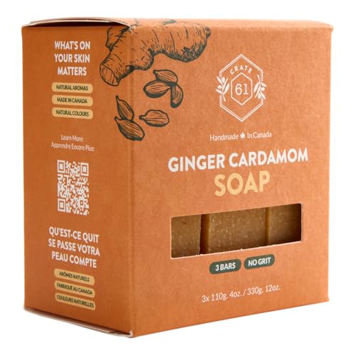 , Handmade in Canada, Plant Based Natural Bar Soap Cold Pressed For Face & Body, w/Premium Essential Oils, For Men & Women 3 Pack (Ginger Cardamom)