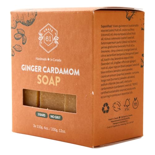 , Handmade in Canada, Plant Based Natural Bar Soap Cold Pressed For Face & Body, w/Premium Essential Oils, For Men & Women 3 Pack (Ginger Cardamom)