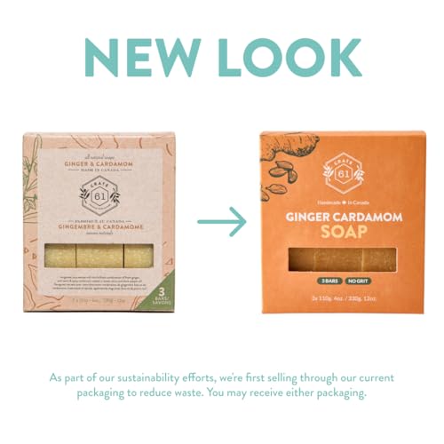 , Handmade in Canada, Plant Based Natural Bar Soap Cold Pressed For Face & Body, w/Premium Essential Oils, For Men & Women 3 Pack (Ginger Cardamom)