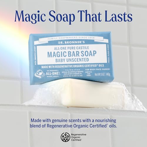 Pure-Castile Bar Soap (Baby Unscented, 5 ounce, 2-pack) - Made with Organic Oils, For Face, Body, Hair, Gentle for Sensitive Skin, Babies, No Added Fragrance, Biode