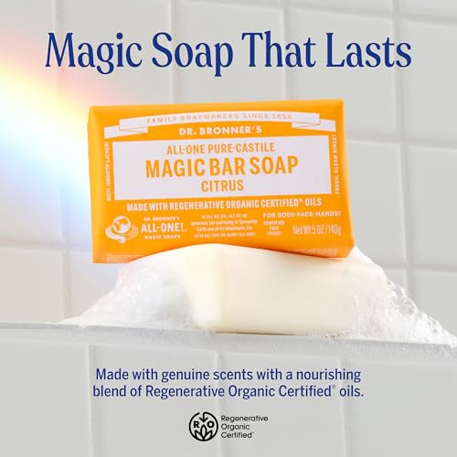 Pure-Castile Magic Soap Bar (Citrus, 5 oz, 6-Pack)- Bath Soap with Regenerative Organic Certified Oils - For Face, Body & Hair - Gentle, Vegan - Bars for Men & Women