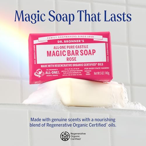 Pure-Castile Magic Soap Bars (Rose, 5 oz, 6-Pack)- Made with Regenerative Organic Certified Oils- For Face, Body & Hair - Gentle, Vegan- Bar Soaps for Men & Women